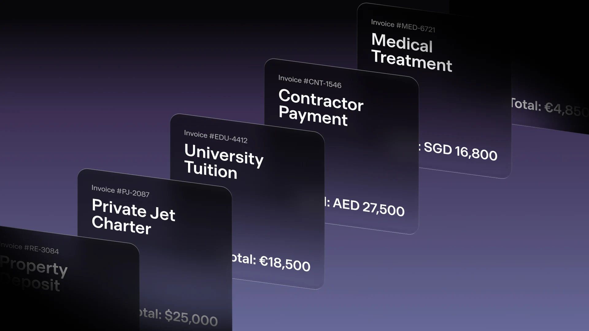 Invoices paid straight from crypto: medical treatment, contractor payment, university tuition, private jet charter, property deposit — each in its own currency
