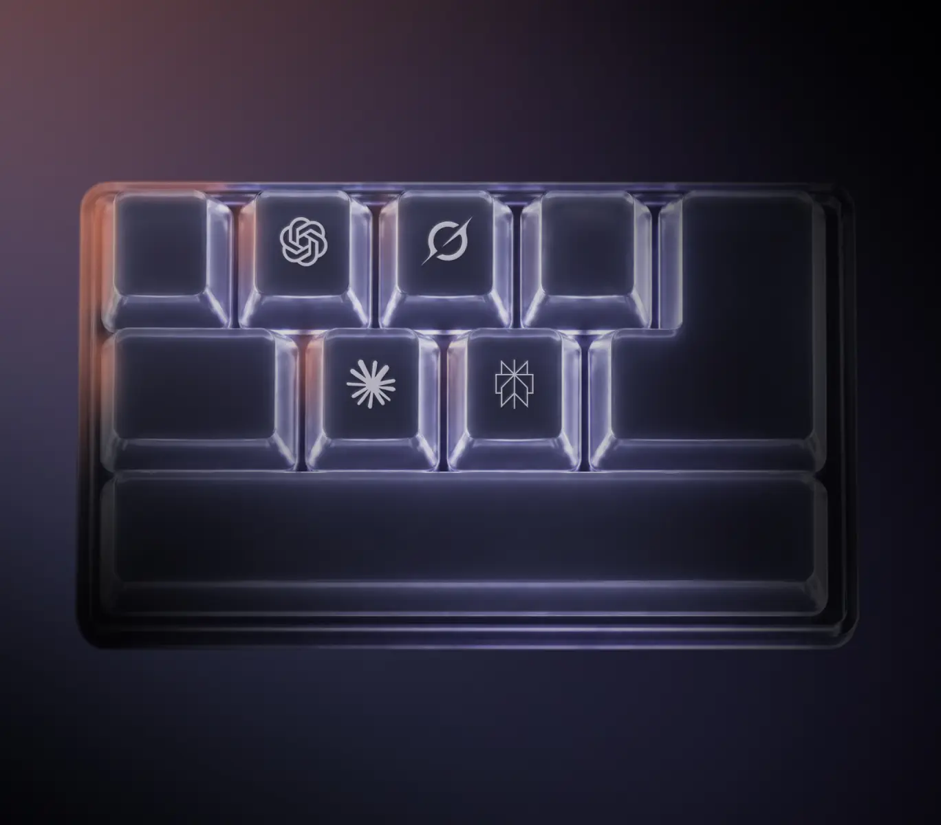 Keyboard keys carrying the logos of AI assistants