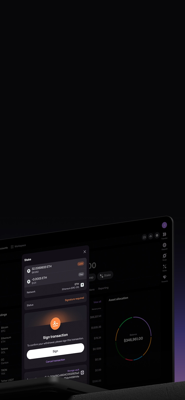 Staking interface showing staking positions and rewards in Bron Wallet