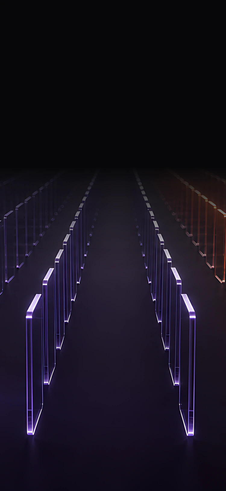 Two rows of glass tiles, violet and orange, receding to a bright horizon