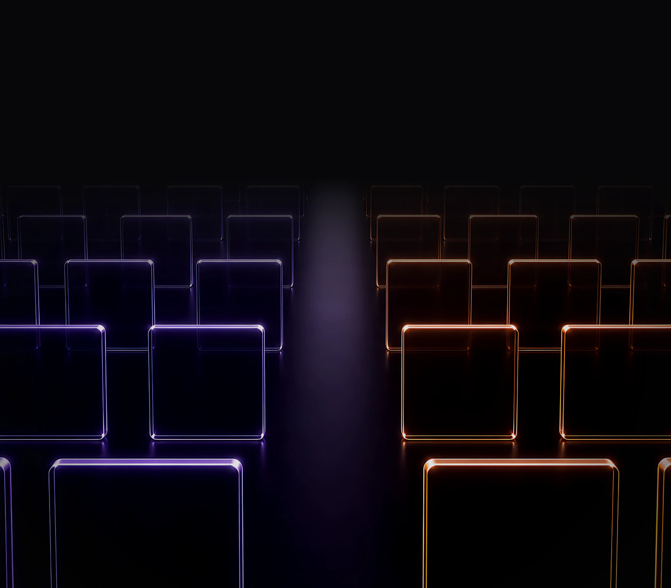 Two fields of glass tiles, violet and orange, stretching to the horizon