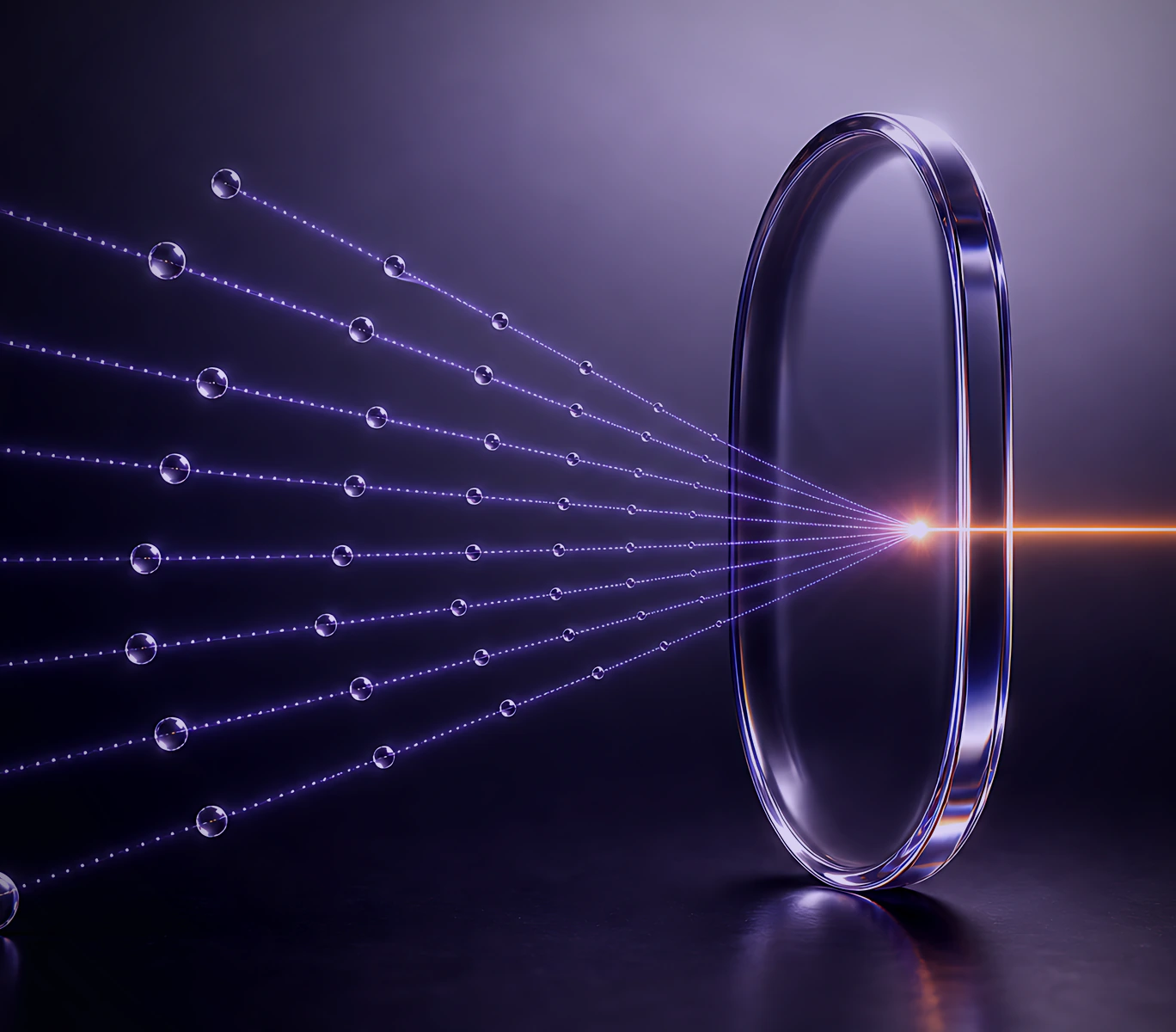 Lines of light converging through a glass ring into a single beam