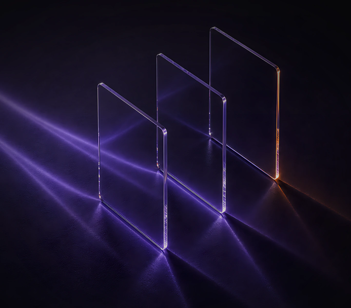 Three glass panels crossed by beams of violet light on a dark surface