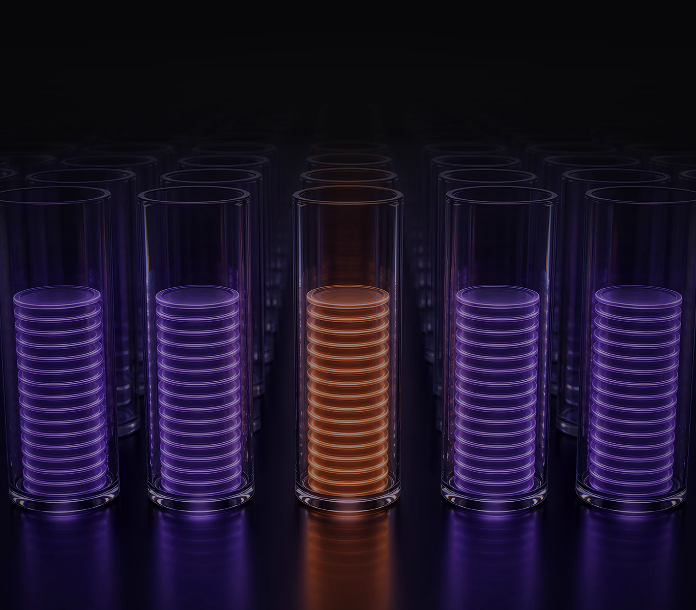 Rows of glass columns with one filled column glowing orange